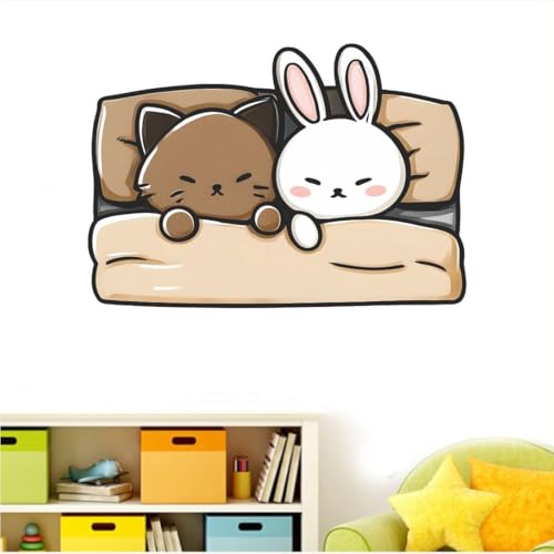 Image of Cute Sleeping Cat & Bunny Wall Sticker | Self Adhesive Cartoon Animal PVC Wall Decal for Ki-ds Room, Nursery, Bedroom & Playroom Decor