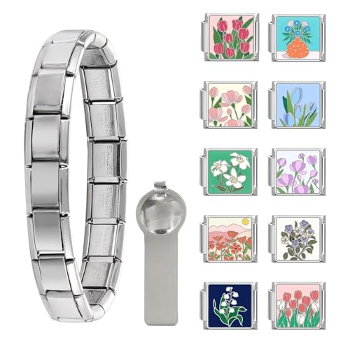 papasgix Italian Charm Bracelet Silver Set with Starter Brascelet, Flowers ...