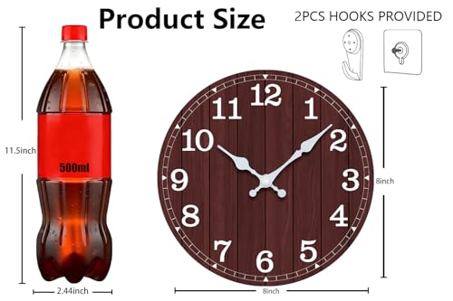 Image of Wall Clock, Modern Wall Clocks Battery Operated, Silent Non Ticking Small Country Retro Rustic Clock Decorative for Living Room, Office, Home, School 8 Inch (Brown, White)