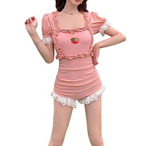 One Piece Swimsuit Women Teens Tummy Control Short Sleeve Kawaii Strawberry Vintage Ruffle Ruched Bathing Suit