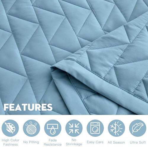Image of Oversized King Bedspread 128x120 Extra Wide, Geometric Diamond Stitched Quilt Set King /Cal King, Lightweight Reversible Coverlet, Straight Edge - Fresh Modern Look, 5 Piece, Ashley Blue