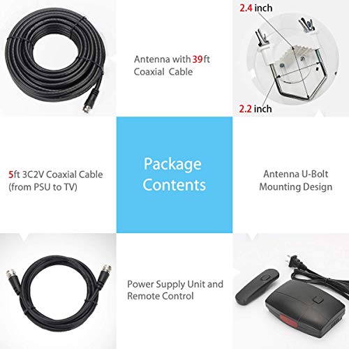 Outdoor Digital Amplified HDTV Antenna, 150 Mile Motorized 360 Degree Rotation, Wireless Remote Control, 59FT RG6 Coax Cable, Coaxial, UHF VHF 1080P 4K, Support 2 TVs