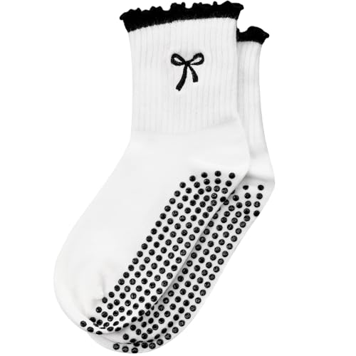 Image of Jeyiour Summer Cute Pilates Socks Women Bow Nonslip Ruffle Yoga Socks with Grip Barre Pilates Gift for Work Dance Fitness