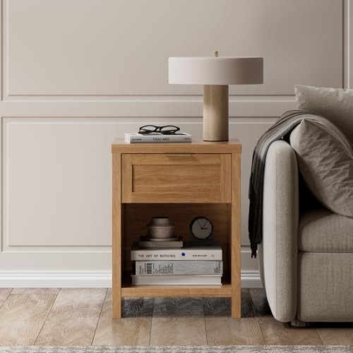 Walsham Natural Nightstands, Boho Bed Side Table for Living Room, Minimalist Night Stand with Drawer and Storage Shelf - Farmhouse End Tables for Bedroom (Weathered Oak, 1 Set)
