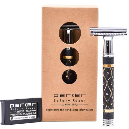 Parker 65R Super Heavyweight Double‑Edge Safety Razor – Sandstone‑Textured Brass Handle for Precise Grip & Control, 4' Long Handle – Includes 5 Premium DE Blades