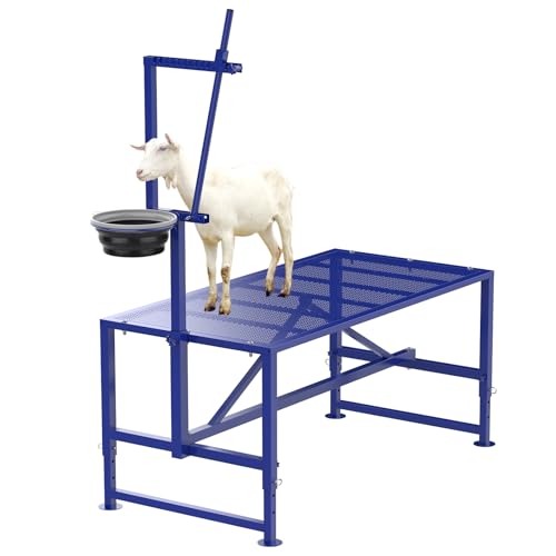 Larrik Goat Milking Stand with Feed Bin 400LB Heavy Duty Goat Stand for Hoof Trimming & Grooming Adjustable Goat Stanchion for Small Goats & Sheep Blue