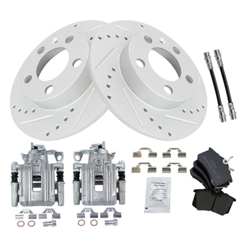 Image of TRQ Performance Rear Brake Pad and Rotor Set Semi Metallic Slotted Drilled Coated Rotors Calipers Compatible with 1999 Volkswagen Jetta