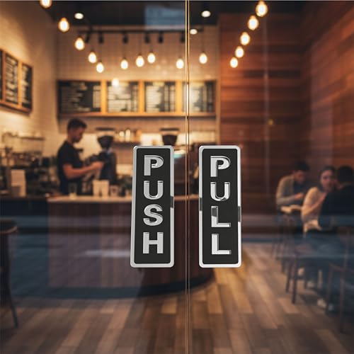 Image of Push Pull Door Sign Black & Silver Acrylic Door Plate, Self Adhesive Entrance Sign Sticker, 2-in-1 Set for Office, Hotel, Shop, Commercial Space, Glass & Wooden Doors