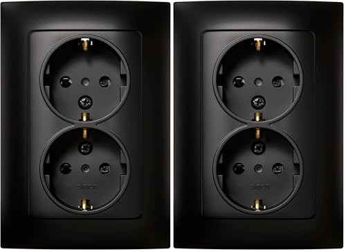 SIMON - Enchufe Doble de Empotrar Schuko, Serie Simon 10, 250V, 16 A, Enchufe de Pared Plano y Fino, Fácil de Instalar, Incluye Marco, Tapa y Mecanismo, Base de Enchufe Hembra Color Negro