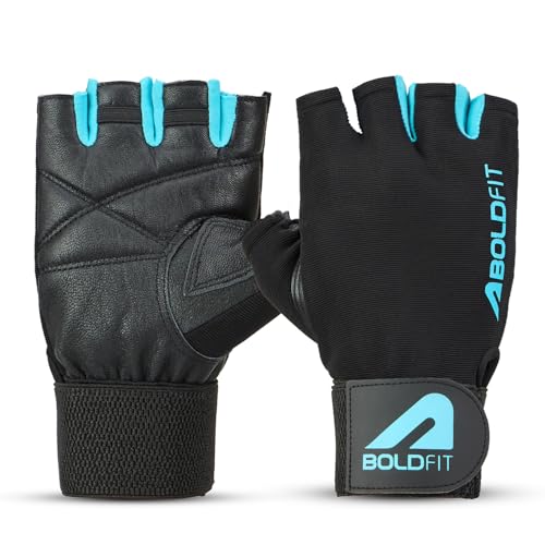 Boldfit Gym Gloves for Men Workout Unisex Hand Gloves for Gym for Men & Women with Wrist Support for Weightlifting, Workout Comfortable Fit Bike Riding, Cycling Handgloves - Warrior Black Cyan L
