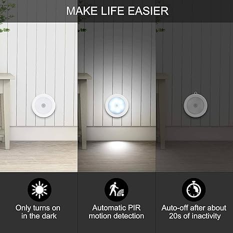 Image of ECOBSY Motion Sensor Light for Home Indoor Outdoor, Rechargeable Adhesive Led Night Light for Kitchen Cabinet Cupboard Stairs Wardrobe, Battery Operated, Automatic On Off (Round - Cool White, 3)