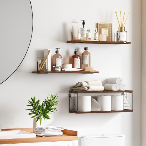 Fixwal 3+1 Tier Bathroom Floating Shelves Over Toilet, 15.8in Farmhouse Rustic Wood Shelves, Wall Decor for Bathroom, Living Room,Bedroom and Kitchen (Dark Brown) - Image 3