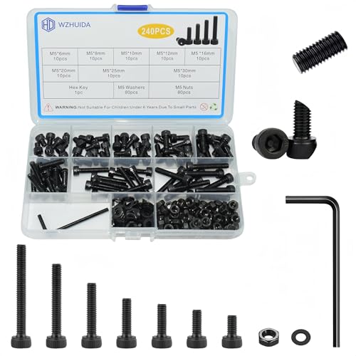 WZHUIDA 240 Stück M5 Schrauben Set Schwarz Metrisch Zylinderkopfschrauben Innensechskant Schrauben Muttern und Unterlegscheiben Sortiment Set Gewindemaschinen Sechskantschrauben
