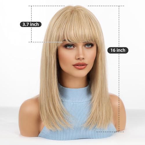 Image of KKU 16 Inch Blonde Human Hair Wig,Human Hair Wigs,Human Hair Wig With Bangs, Lady Wigs Human Hair, Real Hair Wigs For Women