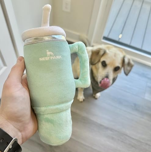 Nestpark Tumbler Cup Funny Dog Toy – Parody Plush Squeaky Crinkle Dog Toy (Seafoam Green)