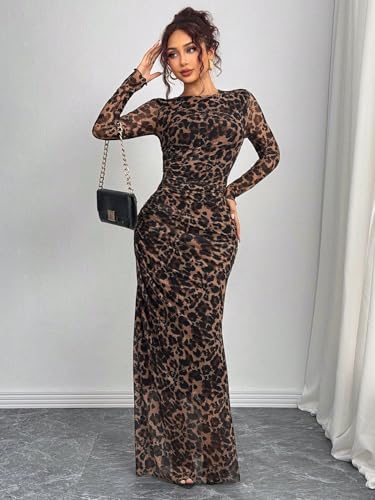 Image of LIGHT DOT Women's Printed Bodycon Maxi Dress Long Sleeve Tie Dye Mesh Ruched Cocktail Dress