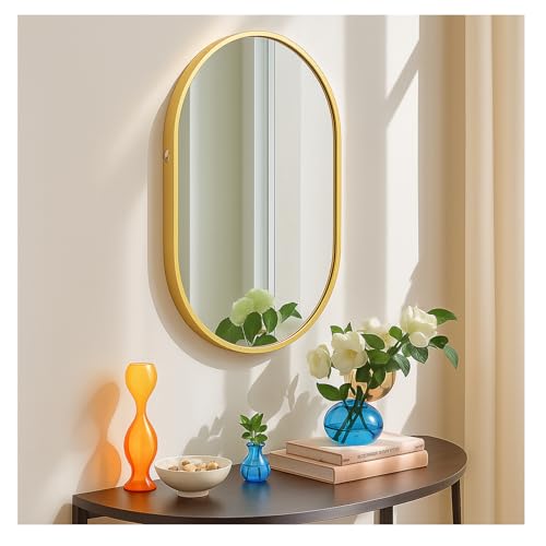 Image of NCEDN Oval Wall Mirror 55×35cm – Hanging Chain or Hook Mount, Lightweight, Rust-Free Aluminium Frame, Bathroom, Bedroom, Living Room, Gold