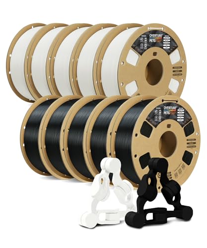 OVERTURE 10KG Bundle PETG 3D Printer Filament 1.75mm, Neatly Wound Durable PETG 10kg Spool (22.2lbs), Strong Toughness Filament, Fit Most FDM Printers (Black*5+White*5)