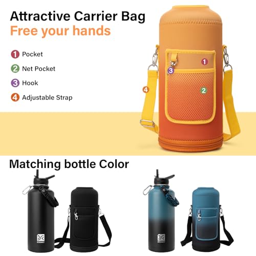 Insulated Water Bottle | Thickened Stainless Steel for Gym and Hiking with Straw, Carrier Bag, Handle Strap | BPA-Free 87 oz