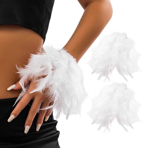 Bufeti Feather Gloves for Women Long Gothic Feather Wrist Band Cuffs for Wedding Halloween Cosplay Costume (2 White L)