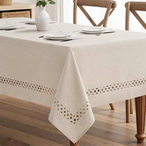 MIULEE Beige Rectangle Linen Polyester Tablecloth with Decorative Cutouts Waterproof Stain Resistant & Shrink-Proof Table Cloth 52x70 inch Farmhouse Style for Dining Wedding Party and Outdoor Picnics
