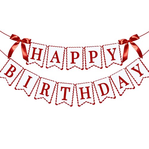 Bow Happy Birthday Banner for Bow Birthday Decorations Pink Bows Garland for Women Girls Bow Birthday Party Decorations (Red)