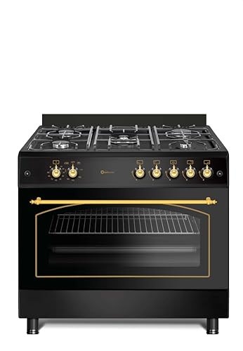 SOLTHERMIC F9L50G2RB COCINA NEGRA RUSTICA CON MANDOS DORADOS/ANCHO 90 CMS / 5 FUEGOS/HORNO PANORAMICO 115 L. / GAS BUTANO Y GAS CIUDAD/ENTREGA A DOMICILIO Y RETIRADA DEL USADO GRATIS
