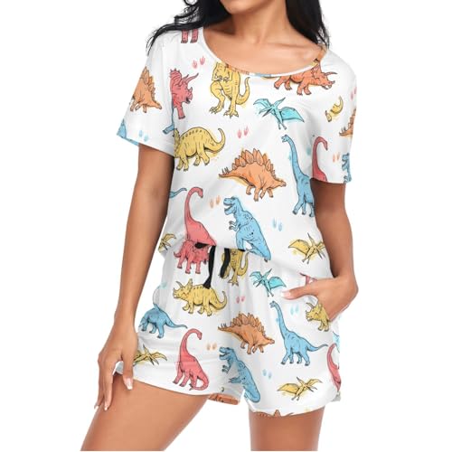 Mnsruu Cute Dinosaur Tyrannosaurus Rex Womens Pyjamas Sets Short Sleeves, Ladies Pajamas Pjs Set Loungewear with Pocket Size XL