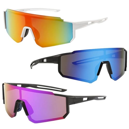 JazRvr 3 Stück Schnelle Brille, Ski Sonnenbrille, UV400 Schutz für Outdoor-Aktivitäten wie Radfahren, Laufen und Skifahren, Weißer Rahmen mit Orange Tönung, Schwarzer Rahmen mit Blau und Lila Tönung