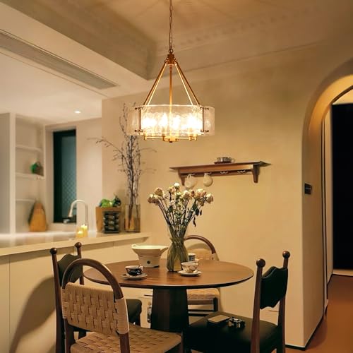 SLBWQ Gold Glass Chandelier for Dining Room Light Fixture, 19.69" Modern Drum Chandelier Textured Crystal Light Fixture for Kitchen Island Living Room Bedroom Foyer by SLBWQ - Used condition - Image 3
