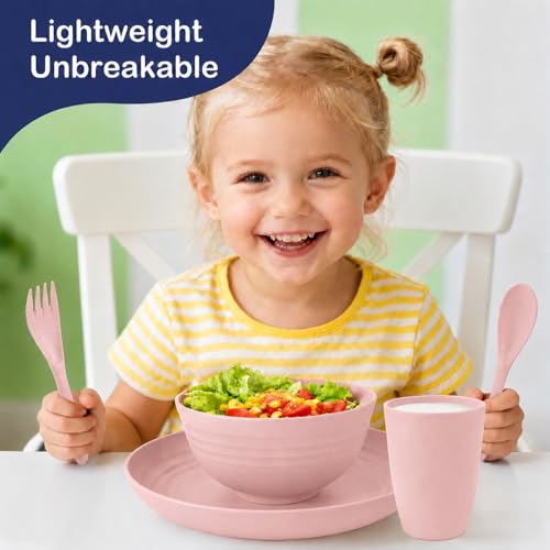 Image of Wheat Straw Dinnerware Sets for 4, 20 Piece Unbreakable Kids Dinnerware Set, Toddler Plates and Bowls Sets, Kitchen Plates and Bowls Set, Lightweight Dish Set for Travel Camping Party - Muted Pink