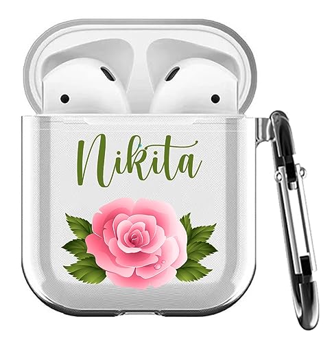 Image of MITZVAH Custom Name Personalised Airpod 2 Case for Airpods 1st and Airpod 2nd Generation Case Cover, Customized Airpods 2 Transparent case with Keychain (Pink Rose-Name)