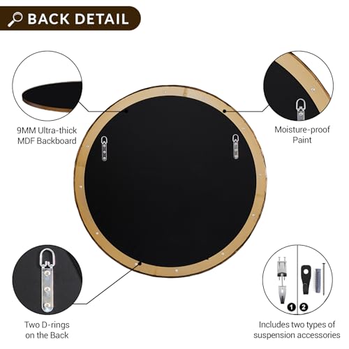 Image of ANDY STAR Hand-Forged Round Gold Mirrors, 32 Inch Antique Brass Hammered Round Bathroom Mirror for Over Sink, for Vanity, Living Room, Vintage, Farmhouse, Rustic, Solid Steel Metal Frame