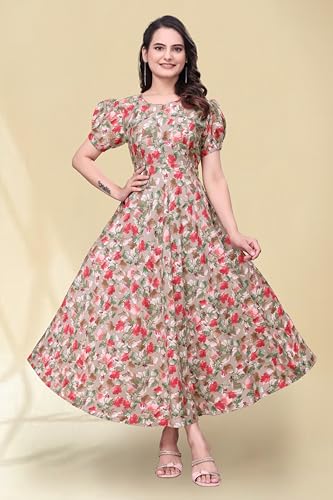 Image of Women's A-Line Crepe Maxi Dress | Stylish Fit and Flare Dress with Round Neck Short Puff Sleeves for Casual Wear