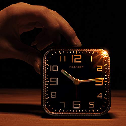 Image of Peakeep 3D Numbers No Tick-Tock Analog Alarm Clock Classic Beep Sound | Snooze, Manual Light and Battery Powered Small for Travel (Black-3D)