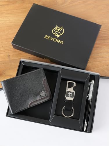 ZEVORA 3-in-1 Leather Wallet Pen Keychain Gift Set Black41 - Image 4