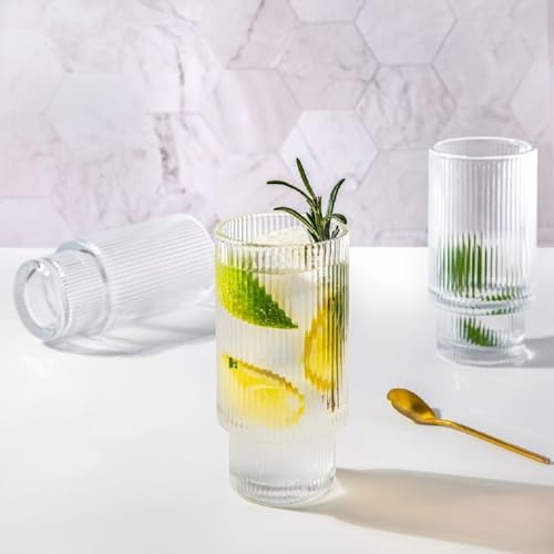 Image of criterion Ribbed Glass 300ml Rigid Drinking Glasses for Cocktail, Whiskey, Water, Juice, Iced Coffee Bar Accessories,Smoothies, Vintage Glassware (4)