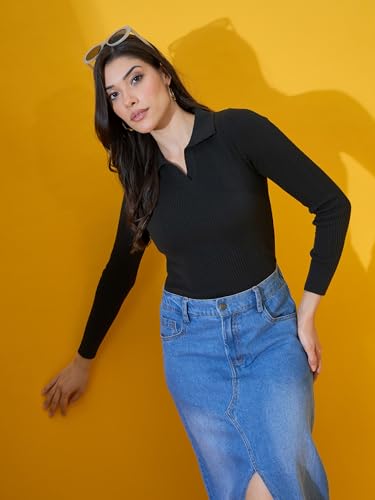 Image of 98 Degree North Women Spread Collar Sweater-G1577-BLACK