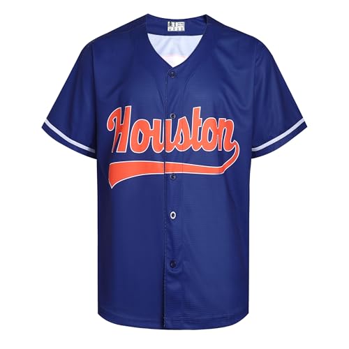 DEHANER City Baseball Jersey for Dad Mom Family Houston Button Up Shirt Classic Sport Uniforms Workout Outfits Orange Letters Navy Blue Jersey Men Size X-Large