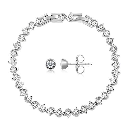 Preisvergleich Produktbild QLEESI Tennis-Armband Ohrringe Set für Frauen Weißgold vergoldet Verstellbare Armbänder Ohrstecker Ohrringe Weihnachten Neujahr Geburtstag Jahrestag für Mädchen Freund Frau Mutter