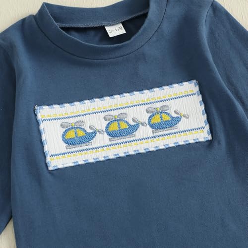 Toddler Baby Boy Fall Outfit Airplane/Boat Smocked Long Sleeve T-Shirt Tops Plaid Pants Set Pilot Planet Clothes4