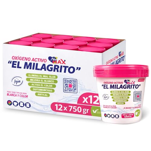 Oxígeno Activo en polvo, Quitamanchas y Blanqueador para Ropa Blanca y de color, Antical alarga la vida de la lavadora, Elimina el mal olor de la ropa, Contiene 12 unidad de 750 gr