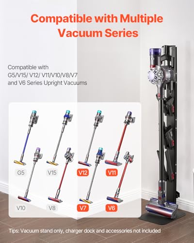 Image of VEVOR Vacuum Stand Compatible with Dyson G5 V15 V12 V11 V10 V8 V7 V6 Series Upright Vacuums Cleaners & Accessary, Stable Storage Stand Holder with 6 Hooks and Non-Slip Footpads, Black