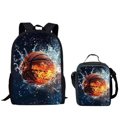 HUGS IDEA Water and Fire Basketball School Backpack Set with Lunch Tote Purse for Boys Kids Teen 2 Piece Bookbag Sets