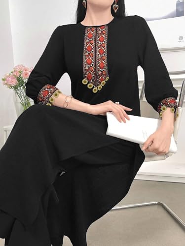 Tadkee Women's Vintage Patchwork With Pendant Decor Lace | 3/4 Sleeve | Kurta Set For Women (Fn-Pop-Lace-Kurta-Set-122-Black-M)