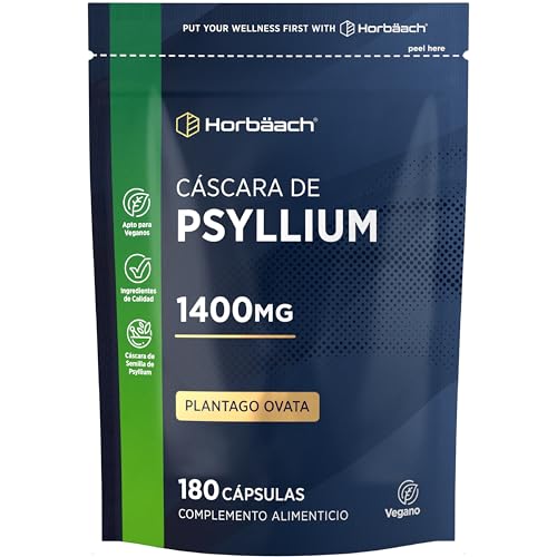 Psyllium Husk 1400 mg | Cáscara de Psyllium | 180 Cápsulas Veganas | Fibra de Psilio | Suplemento Fuente de fibra | Prebiótico Natural | Horbaach