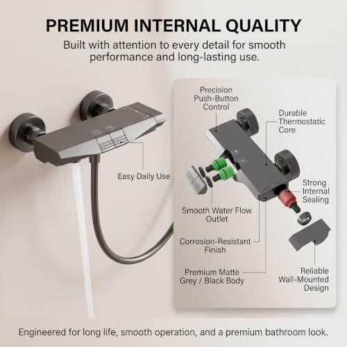 Image of InArt Thermostatic Shower Set for Bathroom, Wall Mounted Shower Mixer with 3-Flow Hand Shower, Adjustable Slide Rail, 1.5 m Hose, Push Button Control, Premium Gun Grey Finish