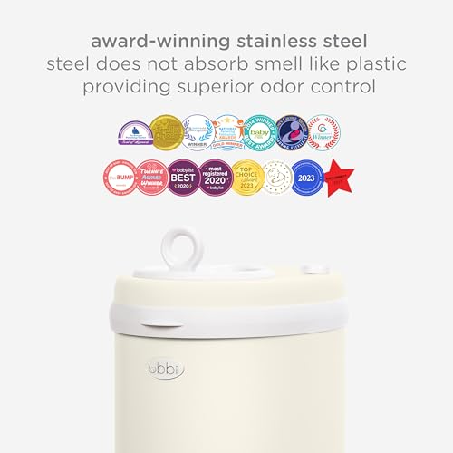 Image of Ubbi Stainless Steel Portable Diaper Pail - 100% Odor Locking Diaper Disposable Bin with Child-Safe Lock, Easy To Use, Baby Nappy Dustbin, Use Regular Trash Bags, Capacity of 55 Diapers, Matte Ivory