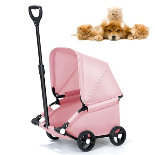 Cochecito para perros con parasol – Cochecito de mascotas fácil plegable para mascotas medianas, 4 ruedas grandes, correas de seguridad, carrito de compras para viajes y actividades al aire libre
