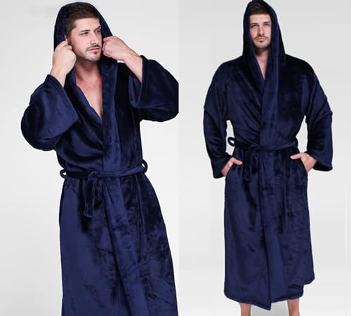 Men Hooded Flannel Robes Warm Fleece Bathrobe Long Soft Plush Robe Fleece Nightgown Sleepwear with Pockets3